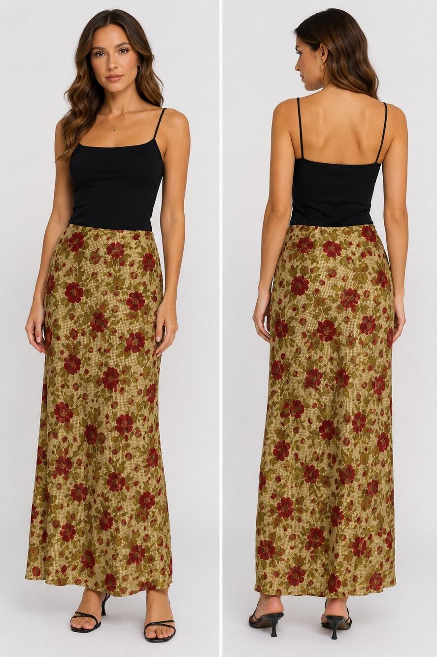 Vintage Taylor G Silk Gingham Green Red Floral Print Maxi Skirt Women’s Med READ